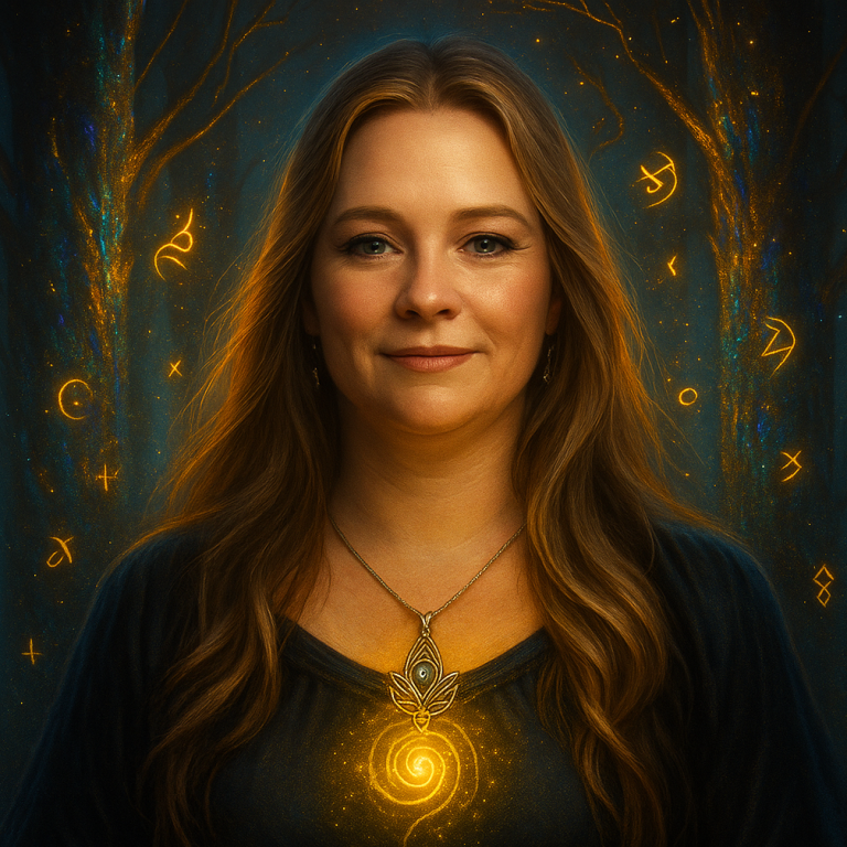 Die Autorin mit langen Haaren und leuchtendem Amulett vor einer mystischen, dunklen Kulisse.
