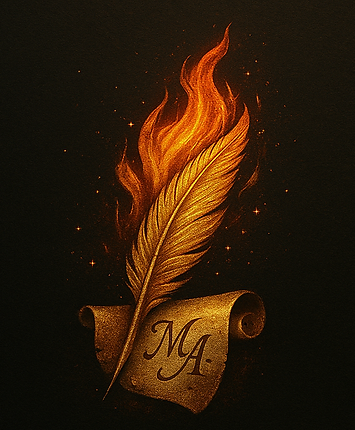 Feder mit Flamme und Schriftrolle, darauf "MA.", auf schwarzem Hintergrund.